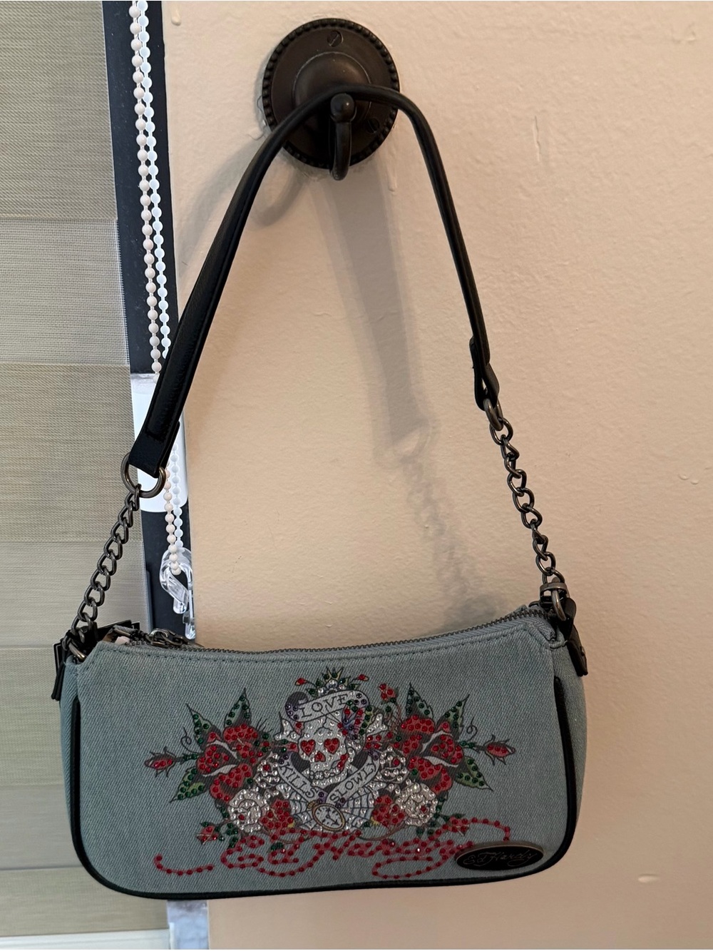 Ed Hardy Denim Baguette Mini Shoulder Bag with Red Floral Skull Embellishment - Picture 1 of 11